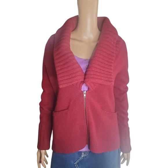 Eileen Fisher Size S Wool Cashmere Cropped Zip Burgundy Sweater Large Neckline - Picture 1 of 9